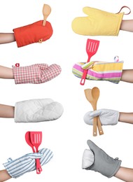 Image of Closeup view of chefs in oven gloves holding utensils, collage 