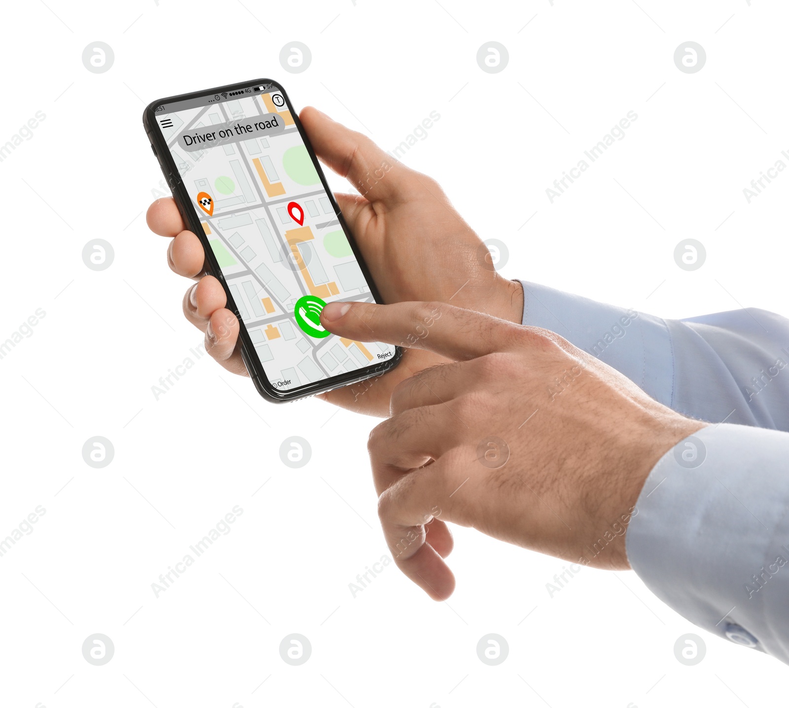 Photo of Man ordering taxi with smartphone on white background, closeup