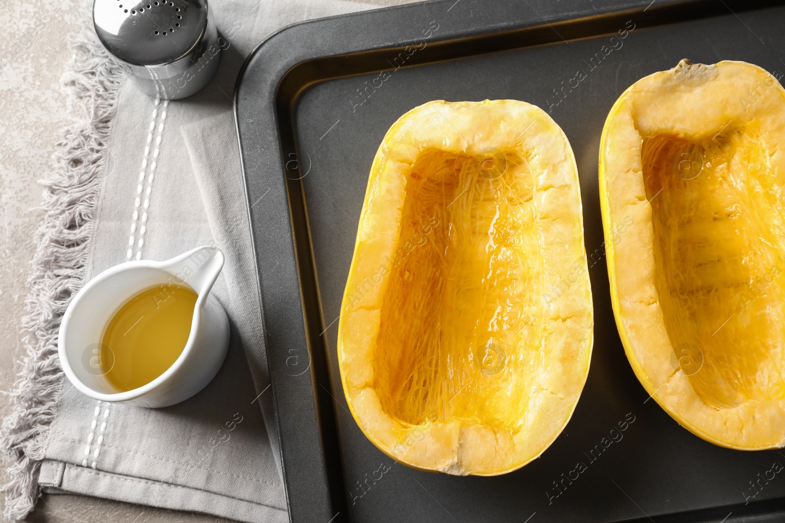 Photo of Flat lay composition with cut spaghetti squash on table