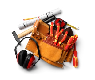 Photo of Composition with different construction tools on white background, top view