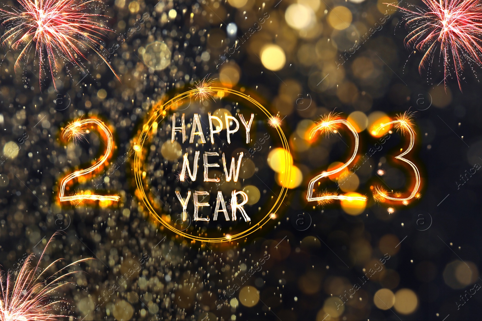 Image of Bright text Happy New 2023 Year made of firework on dark background. Greeting card design