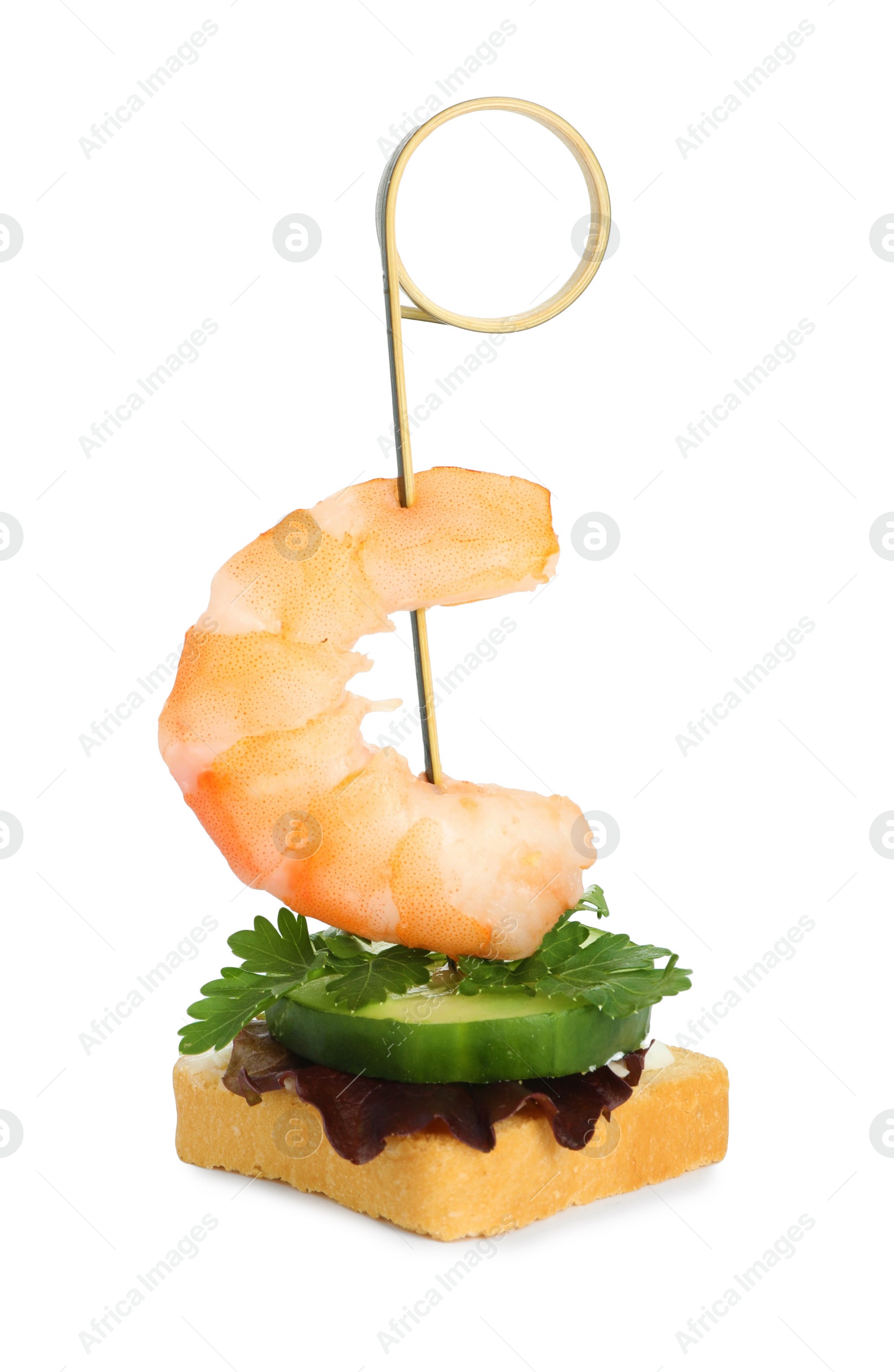 Photo of Tasty canape with shrimp, greens and cucumber isolated on white