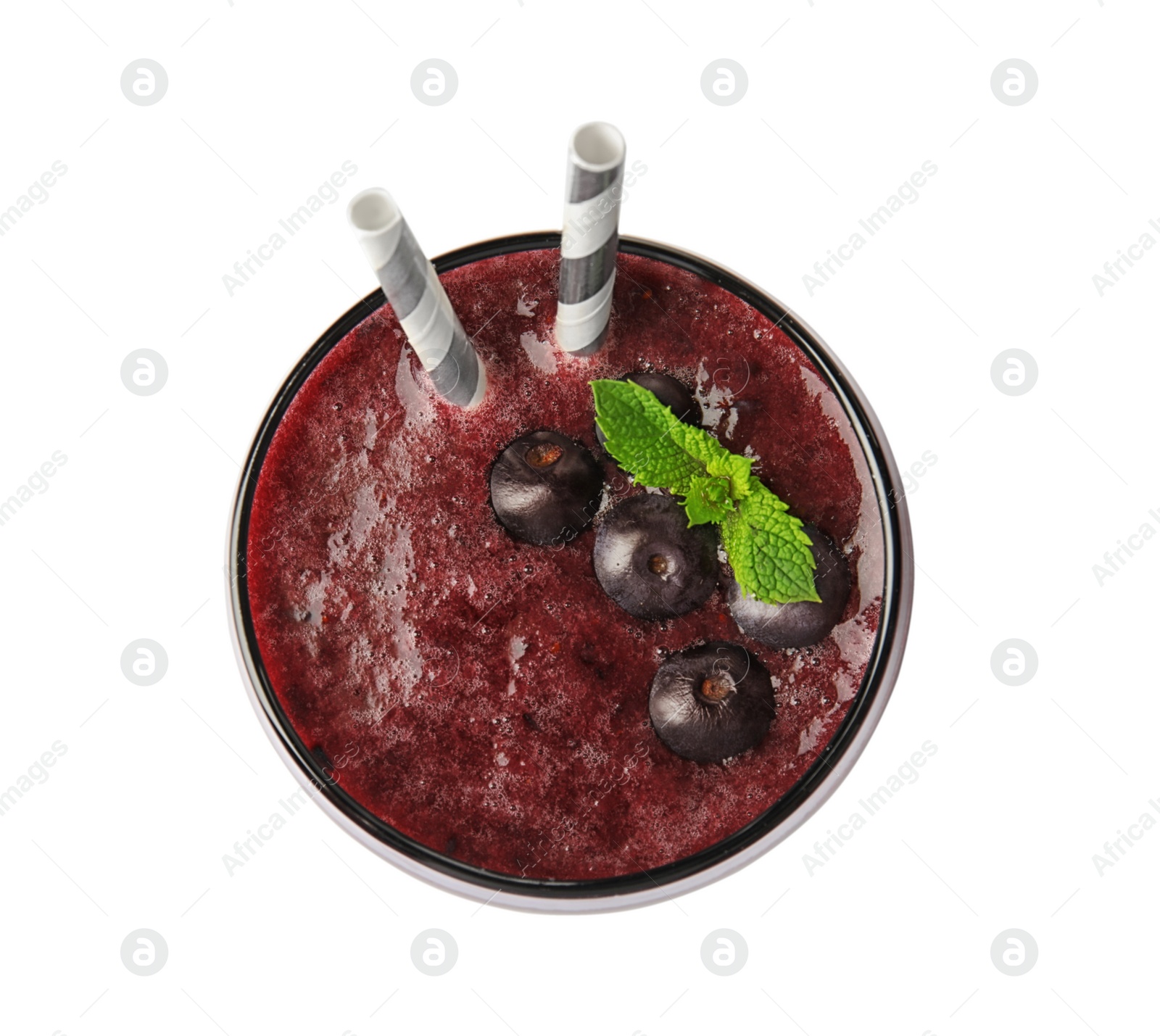 Photo of Glass with delicious acai smoothie on white background