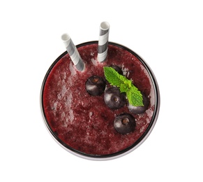 Glass with delicious acai smoothie on white background