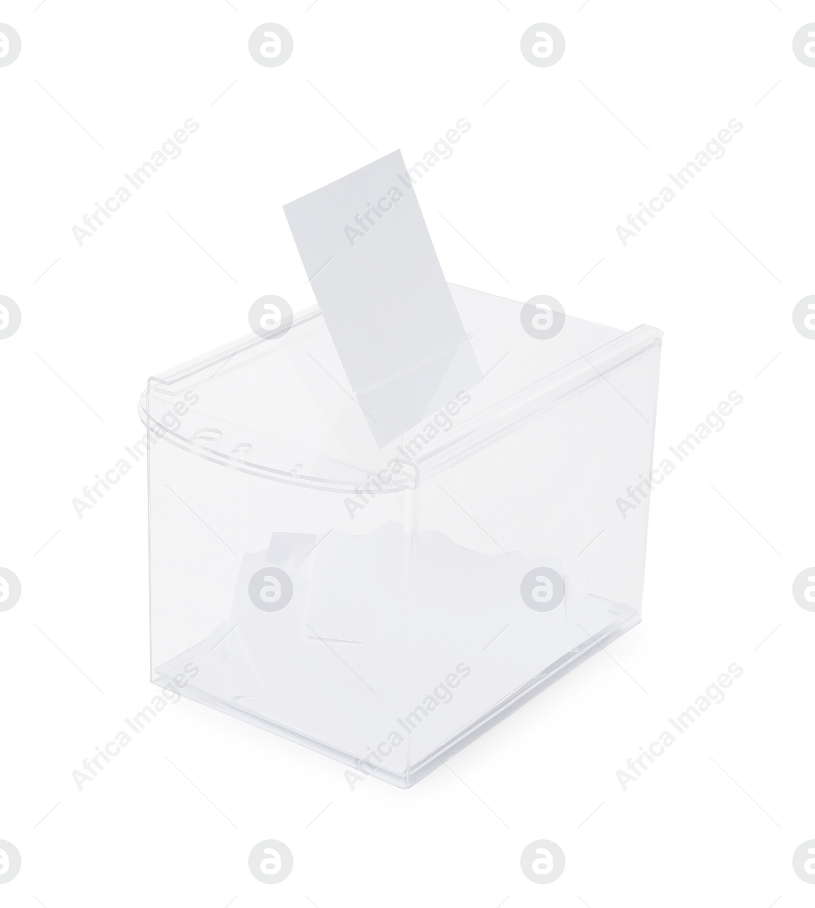 Photo of Transparent ballot box with vote isolated on white