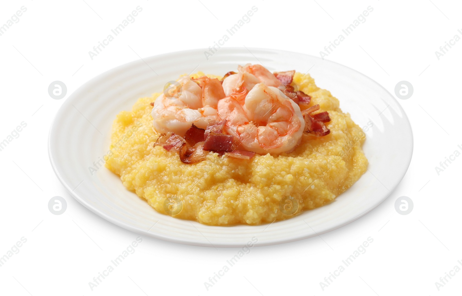 Photo of Plate with fresh tasty shrimps, bacon and grits isolated on white