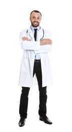 Photo of Full length portrait of male doctor isolated on white. Medical staff