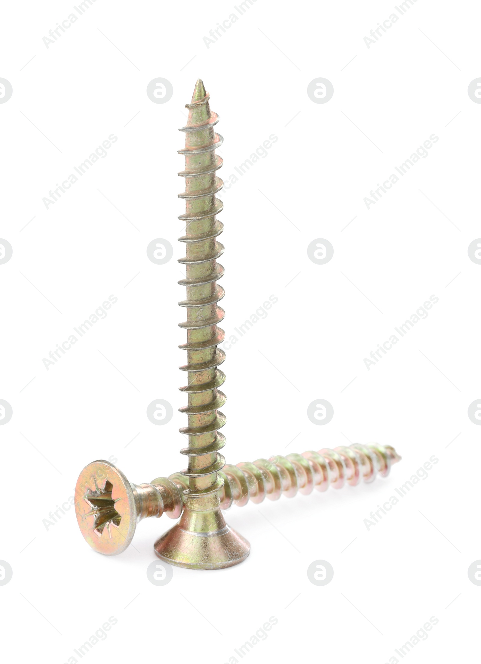 Photo of Metal screws isolated on white. Hardware tools