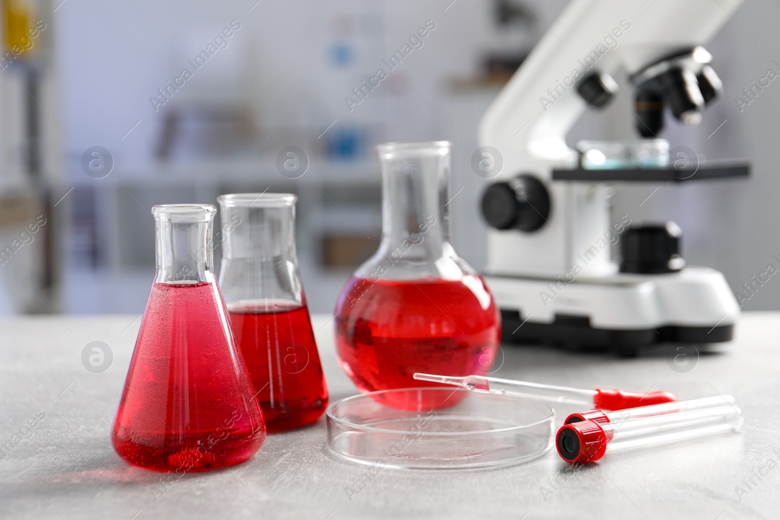 Photo of Laboratory analysis. Different flasks with red liquid and microscope on light grey table indoors