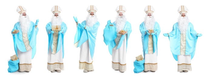 Collage with photos of Saint Nicholas on white background. Banner design
