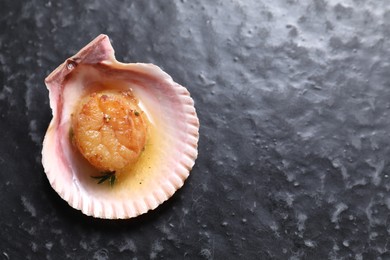 Photo of Delicious fried scallop in shell on black table, top view. Space for text