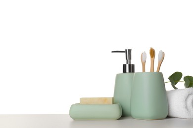 Photo of Bath accessories. Different personal care products on table against white background. Space for text