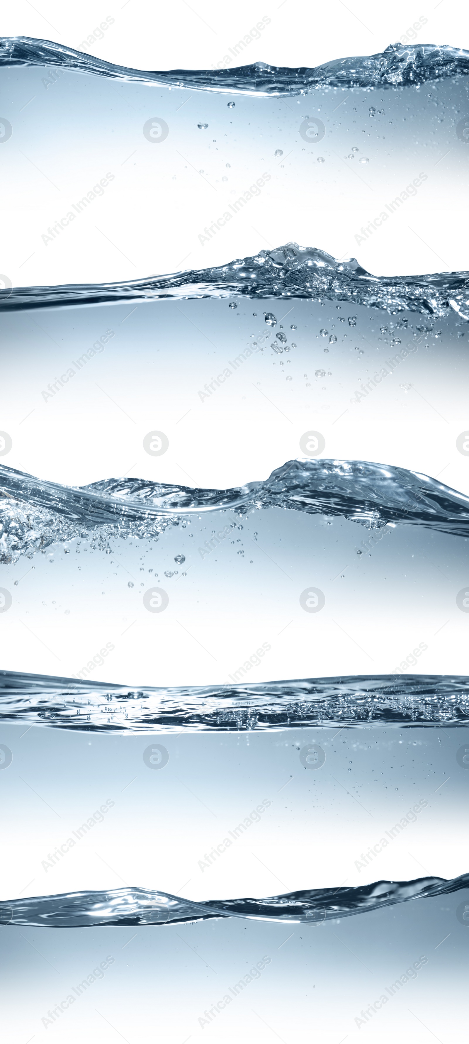 Image of Collage with different beautiful water waves on white background