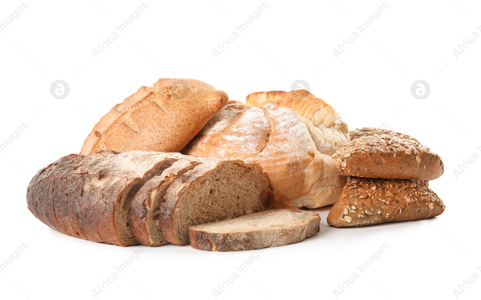 Photo of Different kinds of bread on white background