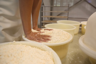 Photo of Worker pressing curd into mould at cheese factory, closeup