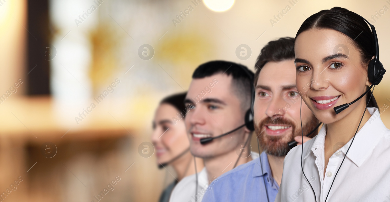 Image of Hotline operators with headsets in office, space for text. Banner design