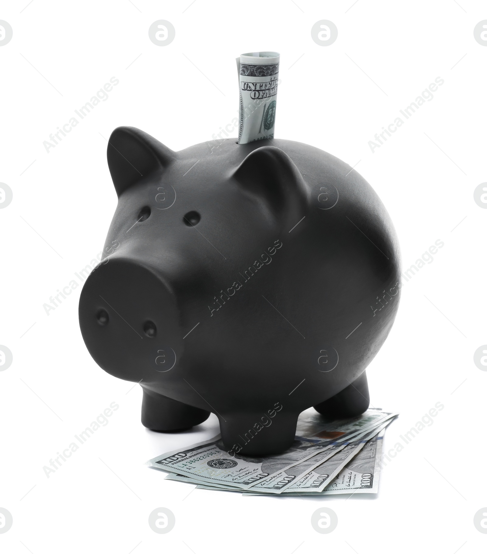 Photo of Black piggy bank with money on white background