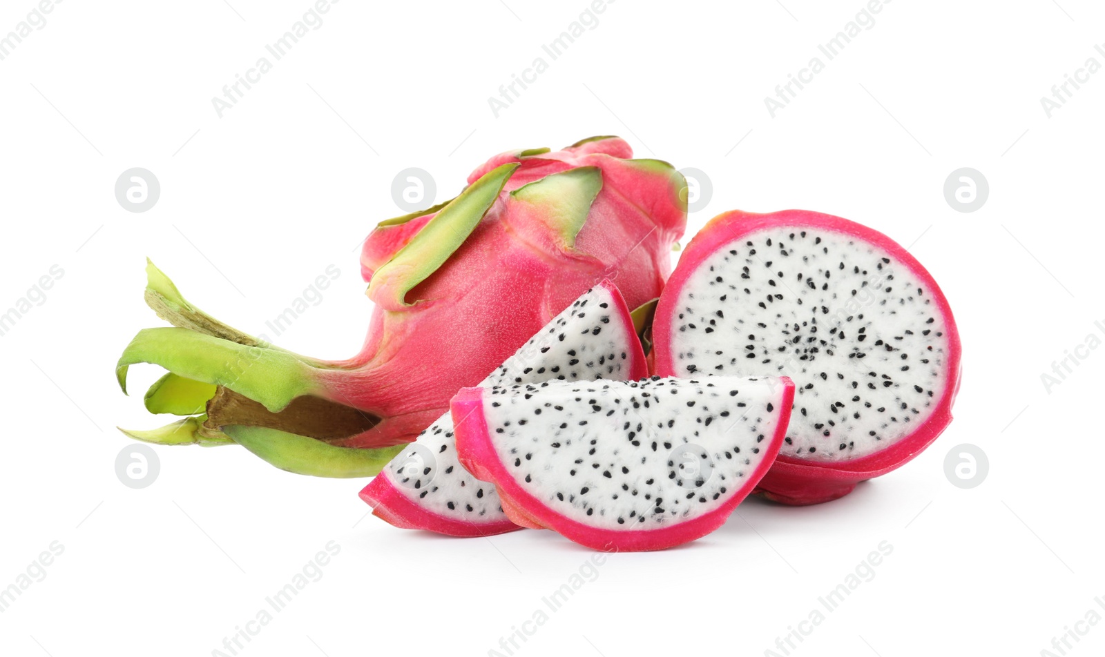 Photo of Delicious cut and whole dragon fruits (pitahaya) on white background