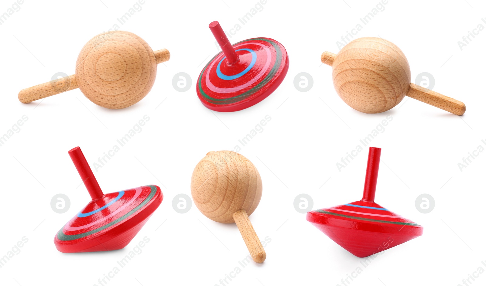 Image of Different spinning tops isolated on white. Toy whirligig