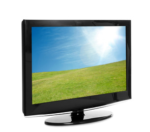 Modern plasma TV with landscape on screen against white background