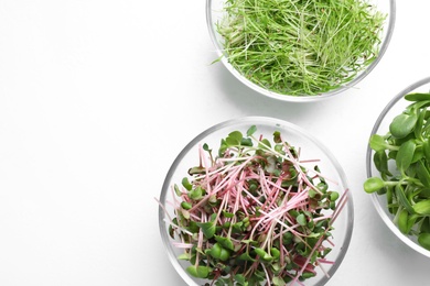 Different fresh microgreens on white background, top view. Space for text