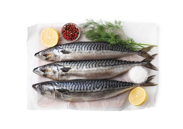 Photo of Tasty salted mackerels, spices and cut lemons on white background, top view