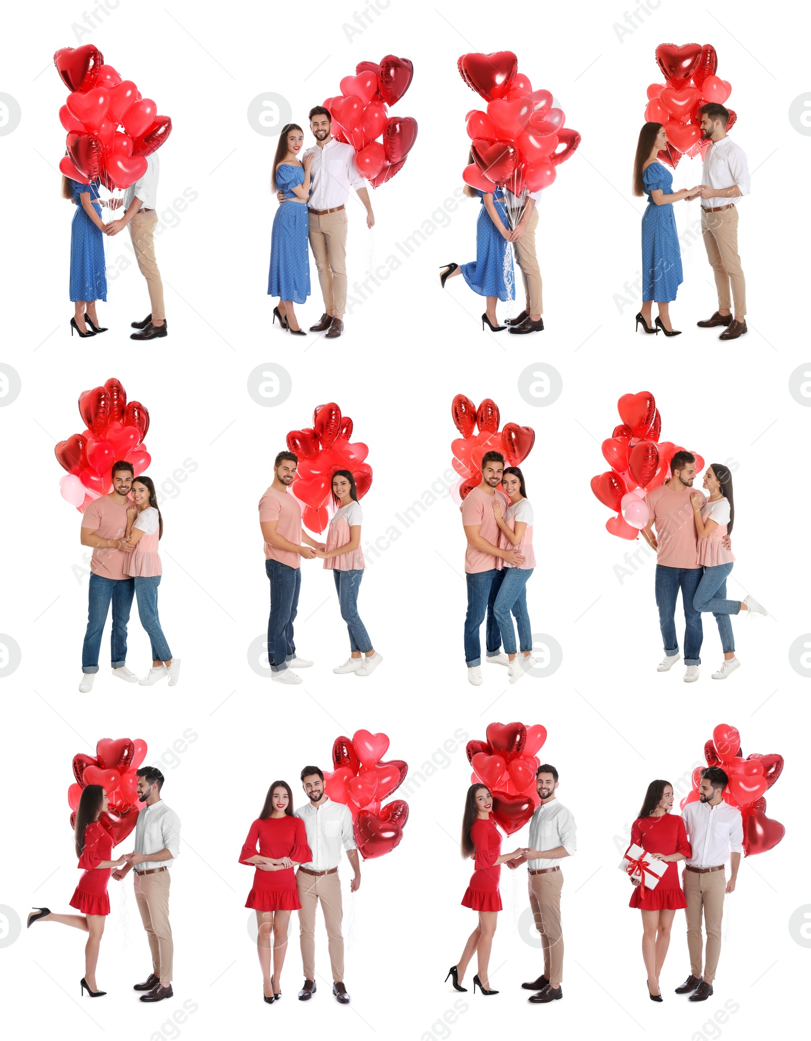 Image of Collage of happy young couples with heart shaped balloons on white background