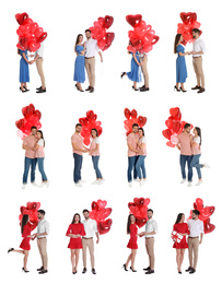 Collage of happy young couples with heart shaped balloons on white background