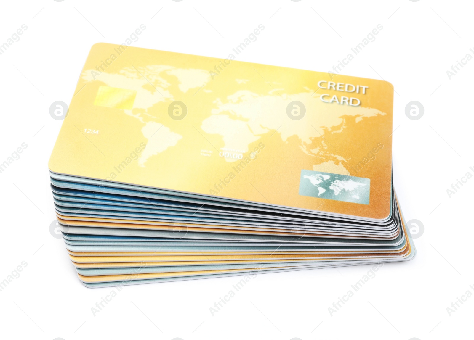 Photo of Stack of plastic credit cards on white background