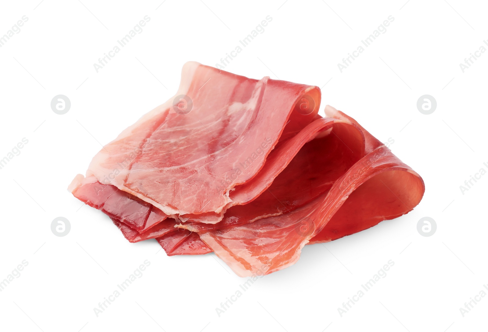 Photo of Slices of delicious jamon isolated on white