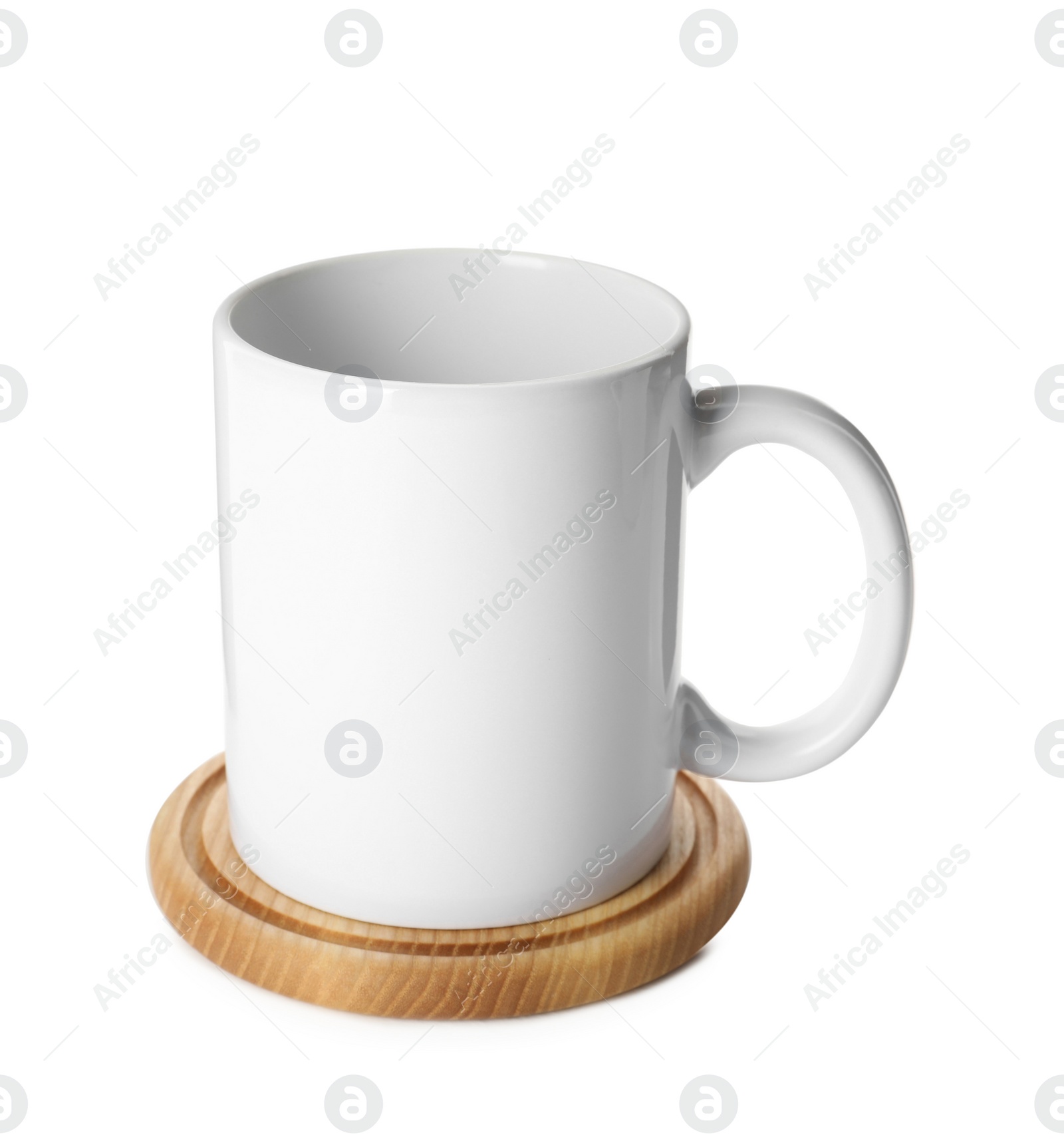 Photo of Mug and stylish wooden coaster on white background