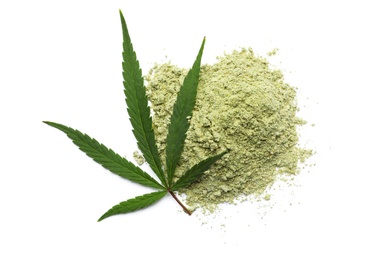 Photo of Pile of hemp protein powder and leaf isolated on white, top view