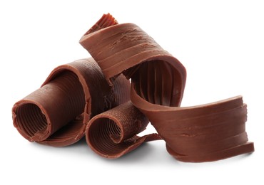 Photo of Yummy chocolate curls for decor on white background