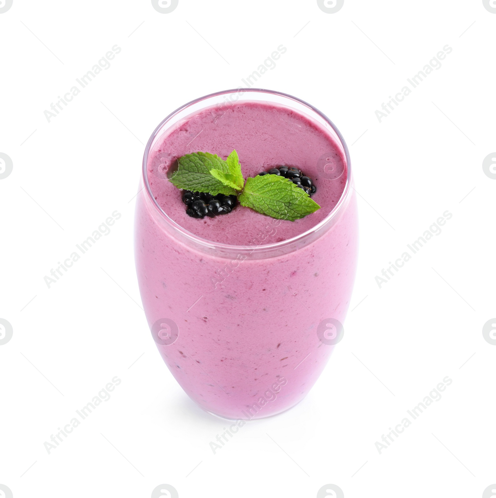 Photo of Delicious blackberry smoothie in glass on white background