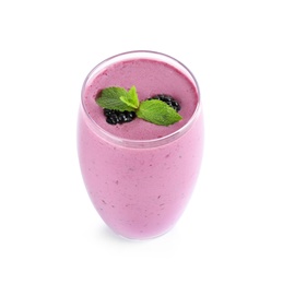 Photo of Delicious blackberry smoothie in glass on white background