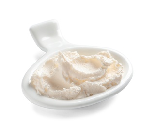 Photo of Serving spoon with tasty cream cheese on white background