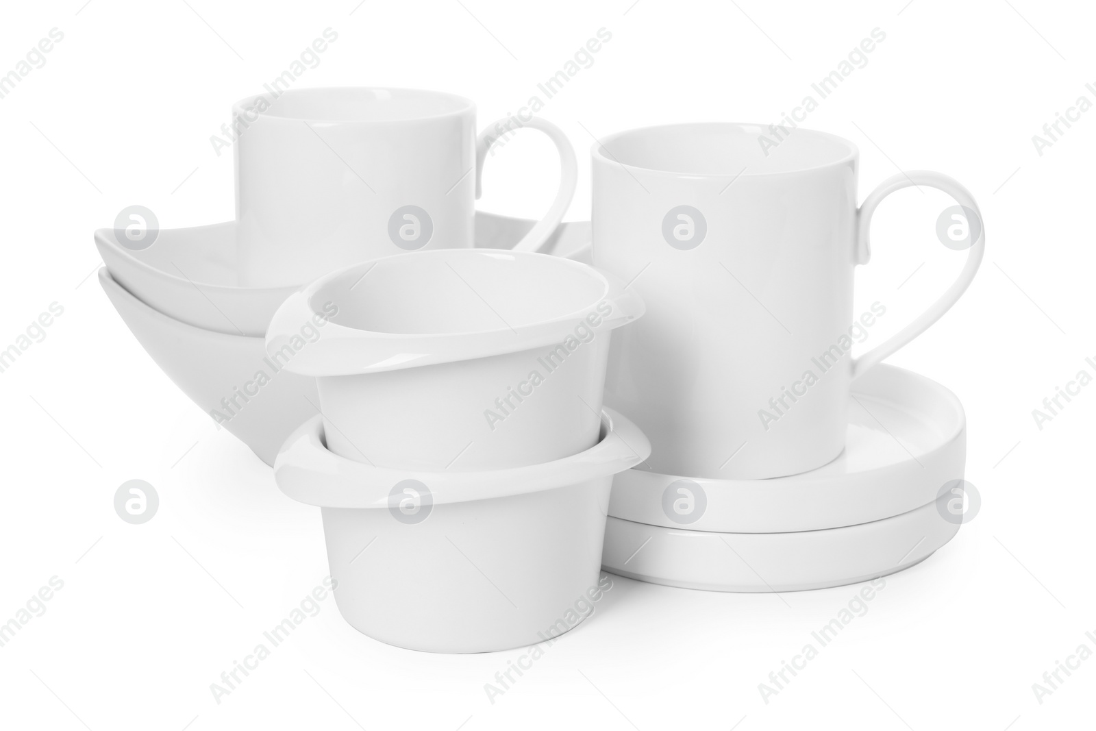 Photo of Set of clean tableware on white background. Washing dishes