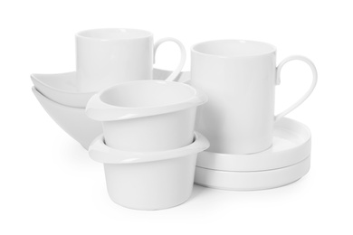 Set of clean tableware on white background. Washing dishes