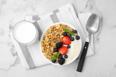 Photo of Tasty oatmeal, yogurt and fresh berries served on white marble table, flat lay. Healthy breakfast