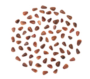 Composition with pine nuts on white background, top view