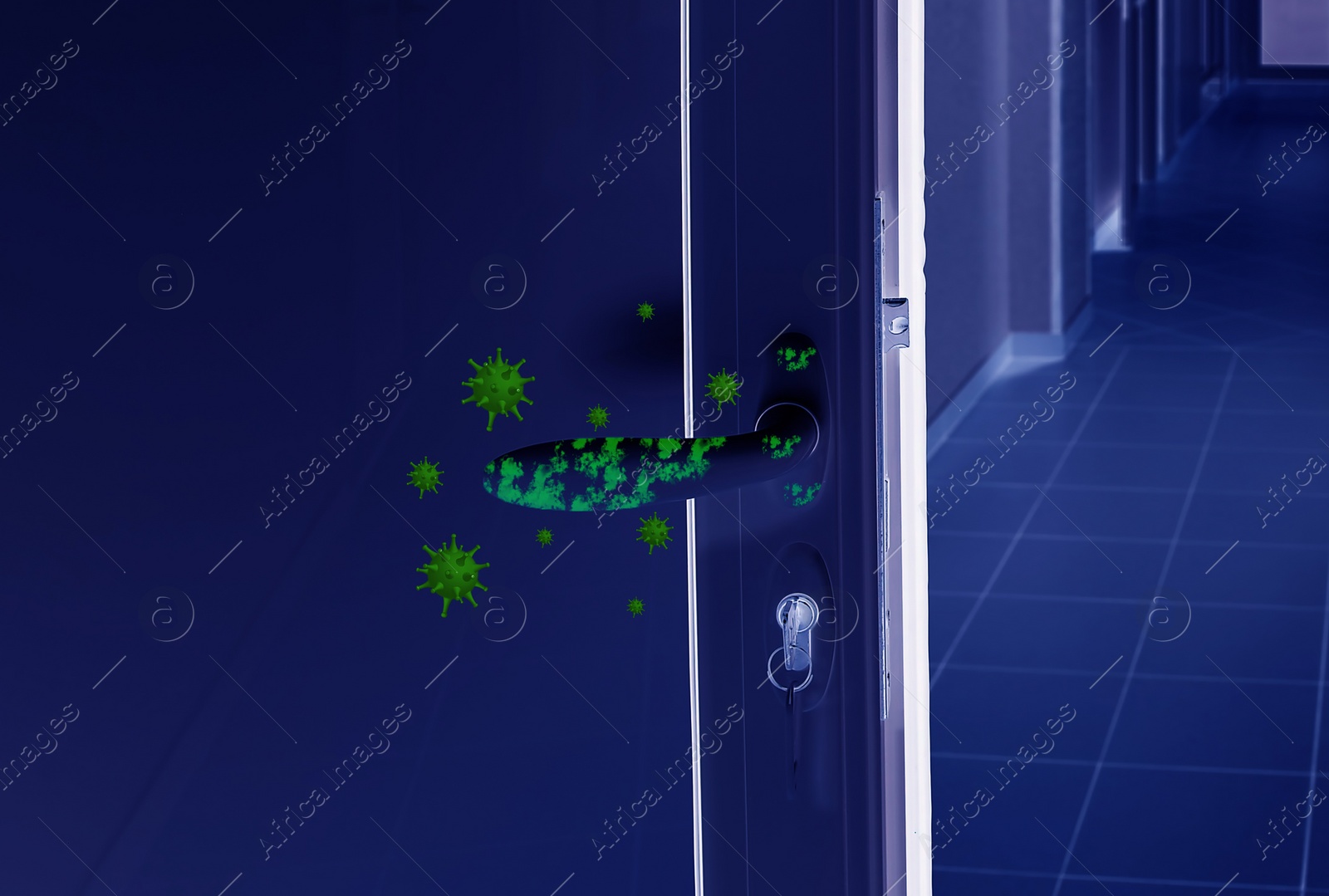 Image of Abstract illustration of virus and dirty door handle, closeup view under UV light. Avoid touching surfaces in public spaces during coronavirus outbreak