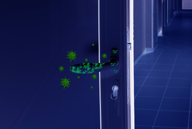 Image of Abstract illustration of virus and dirty door handle, closeup view under UV light. Avoid touching surfaces in public spaces during coronavirus outbreak