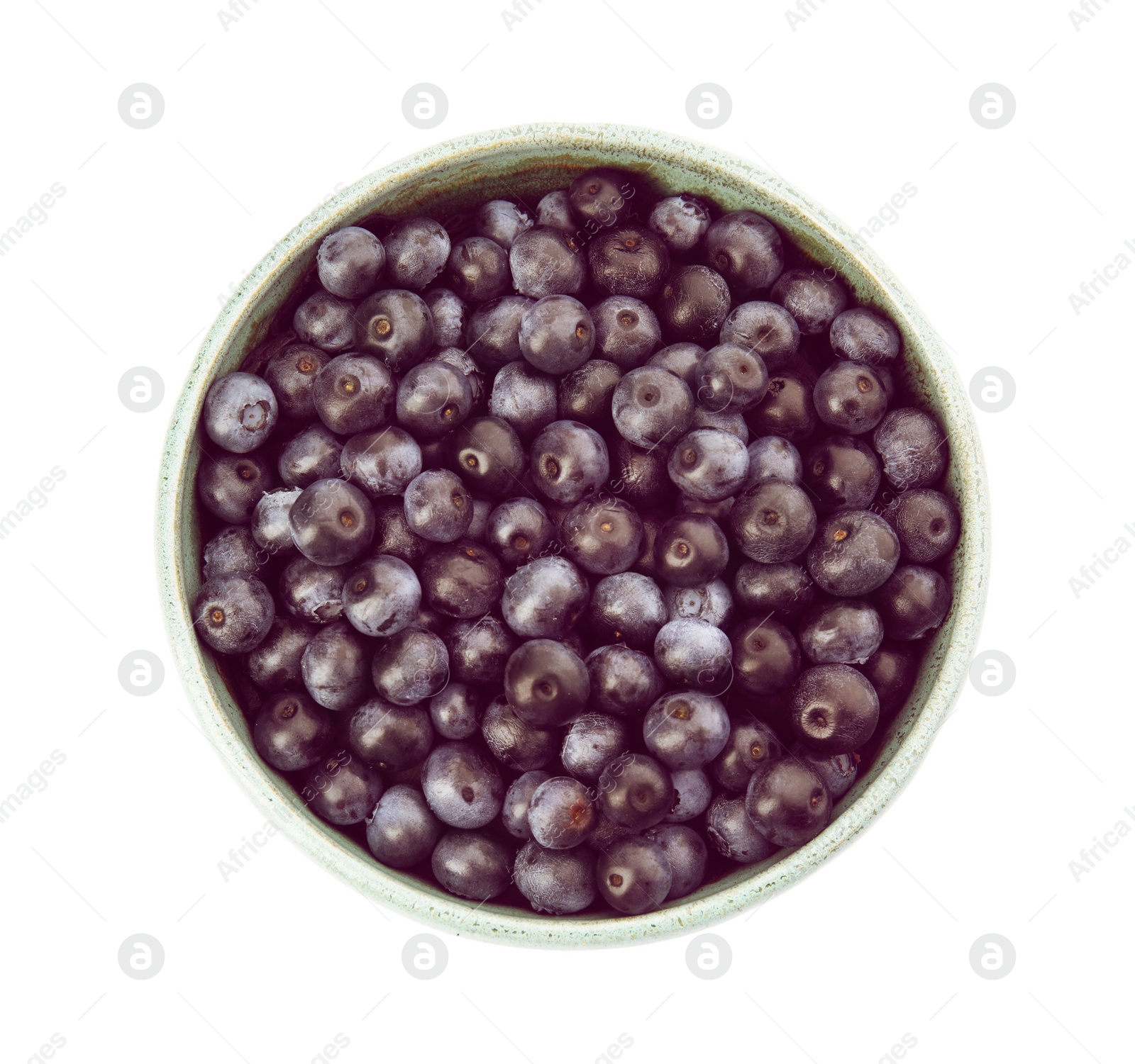 Photo of Bowl with fresh acai berries on white background