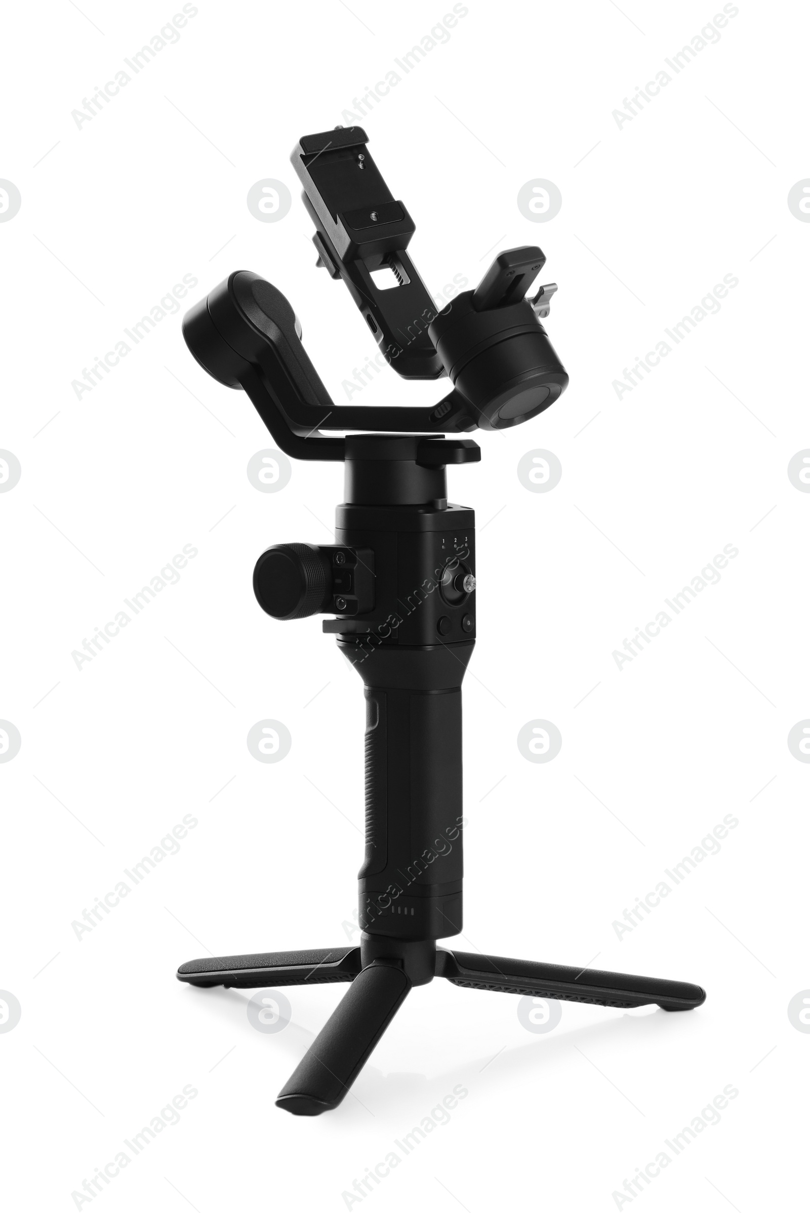 Photo of Modern stabilizer for video camera isolated on white