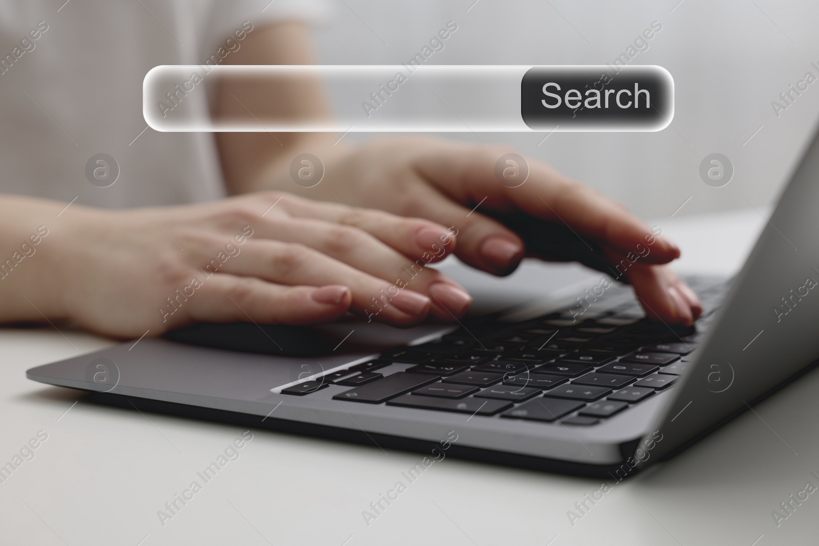 Image of Search bar of website over laptop. Woman using computer at table, closeup