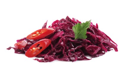 Photo of Pile of tasty red cabbage sauerkraut with chili pepper and parsley isolated on white