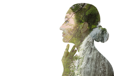 Picturesque landscape and beautiful woman on white background, space for text. Double exposure