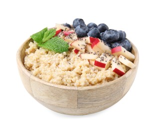 Bowl of delicious cooked quinoa with apples, blueberries and chia seeds isolated on white