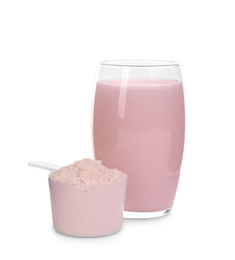 Photo of Protein shake and powder isolated on white