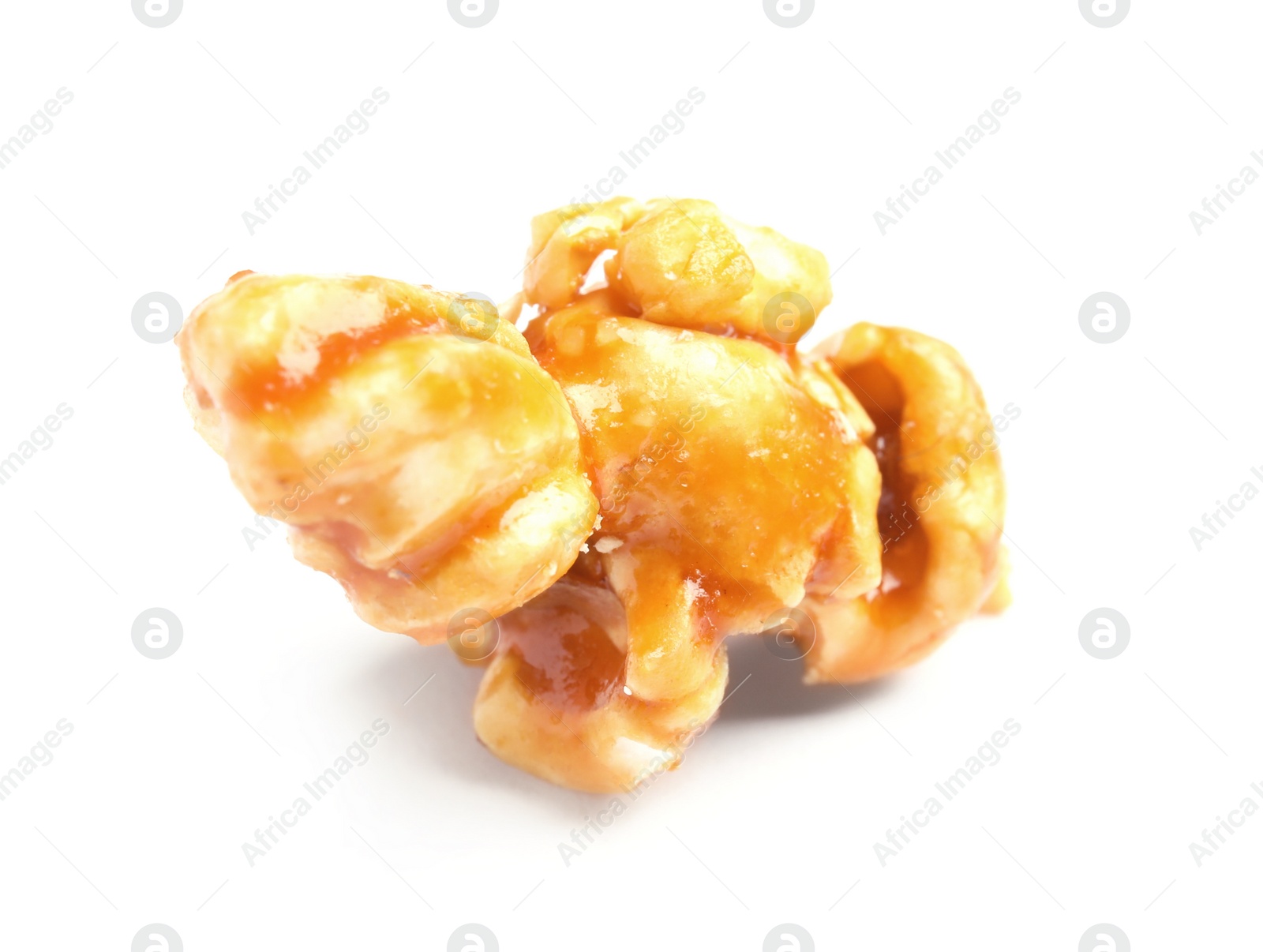 Photo of Delicious caramel popcorn on white background